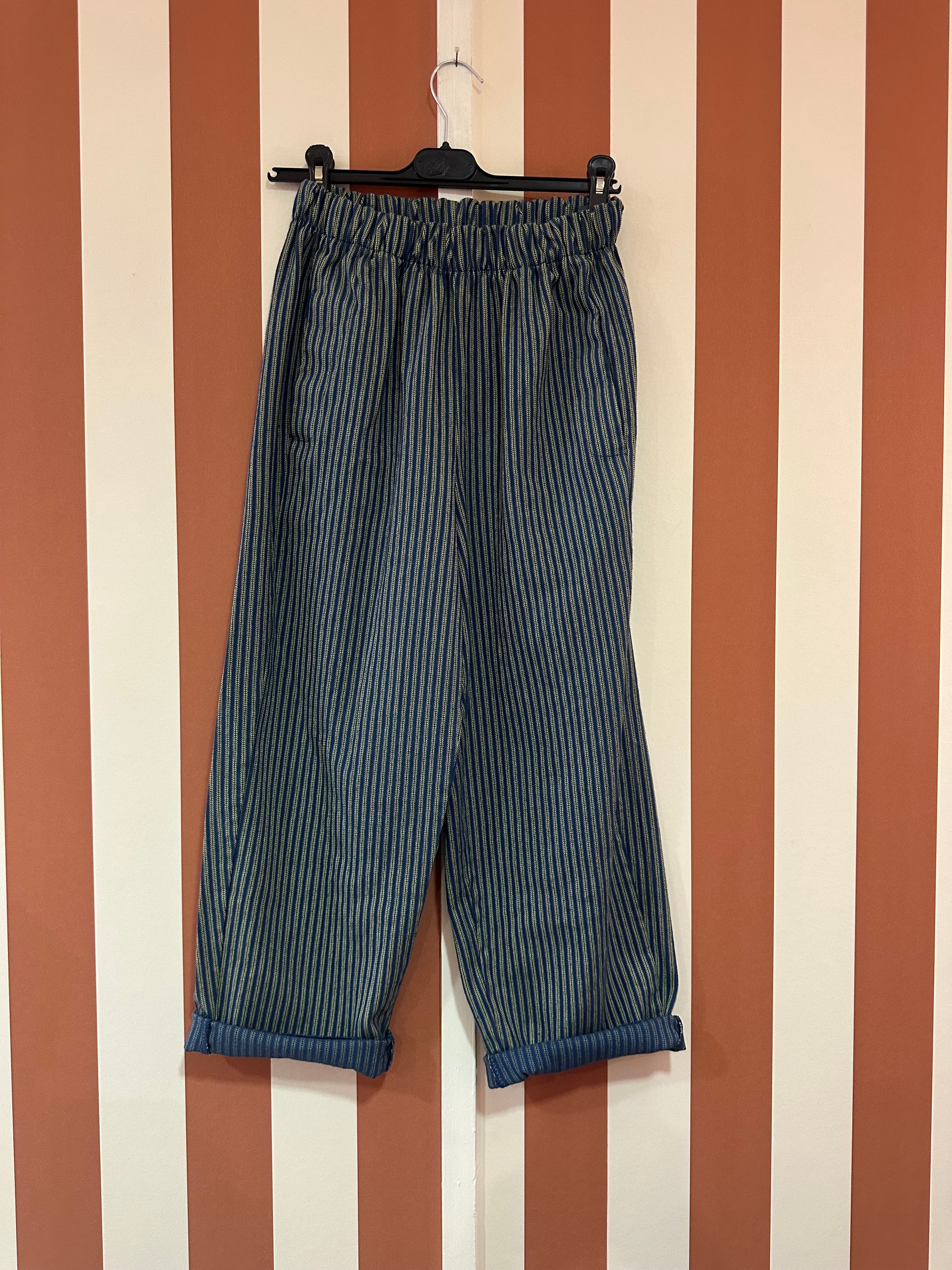 Pantalon Georgio en toile de coton bleue rayée jaune
