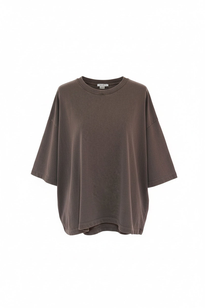 Sweat japonisant manche courte en coton stone washed marron glacé
