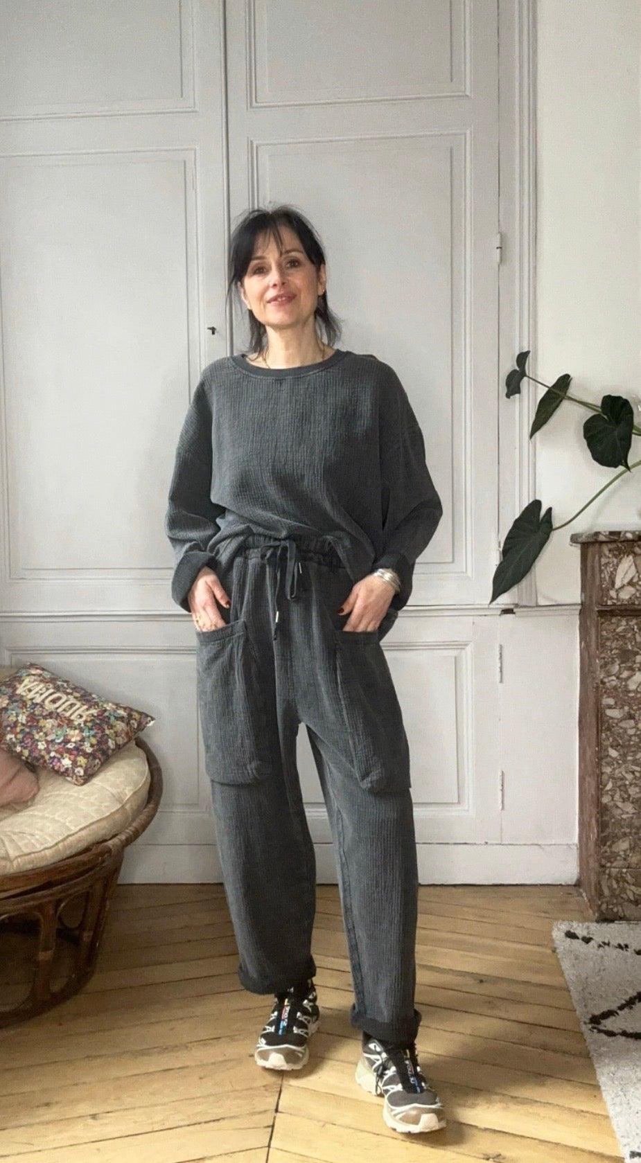 Sweatshirt Charly en coton gaufré carbone stone washed