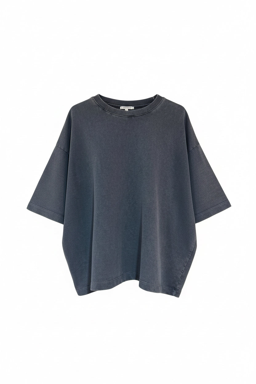 Sweat japonisant manche courte en coton stone washed bleuté