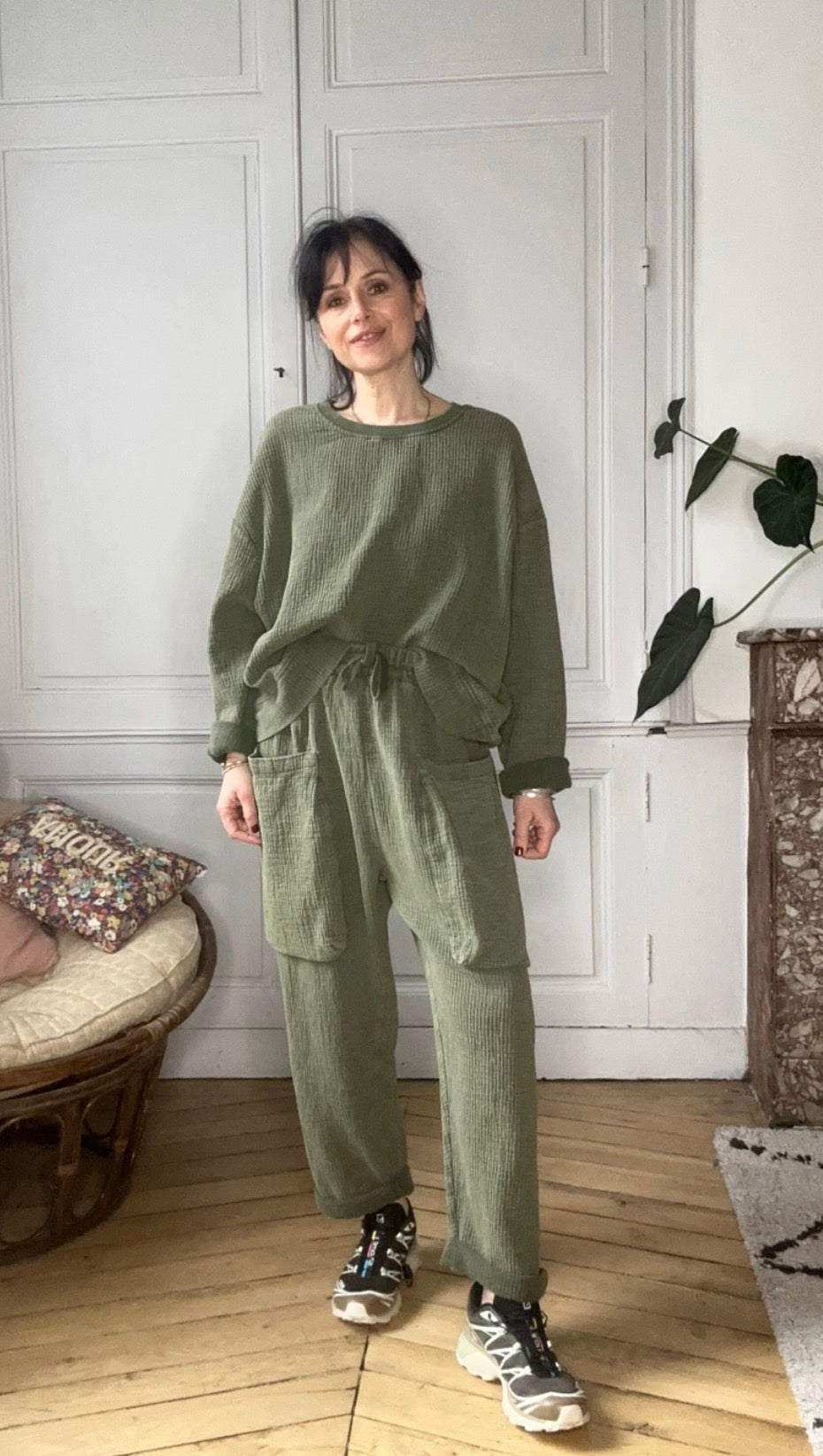 Sweatshirt Charly en coton gaufré vert mousse stone washed