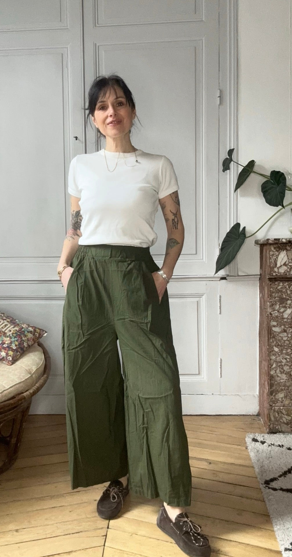 Jupe-culotte kaki foncé en popeline de coton