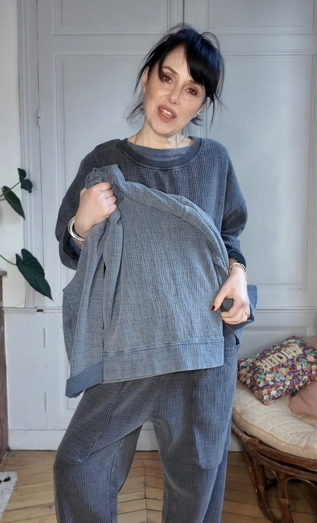 Sweatshirt Charly en coton gaufré gris bleu stone washed
