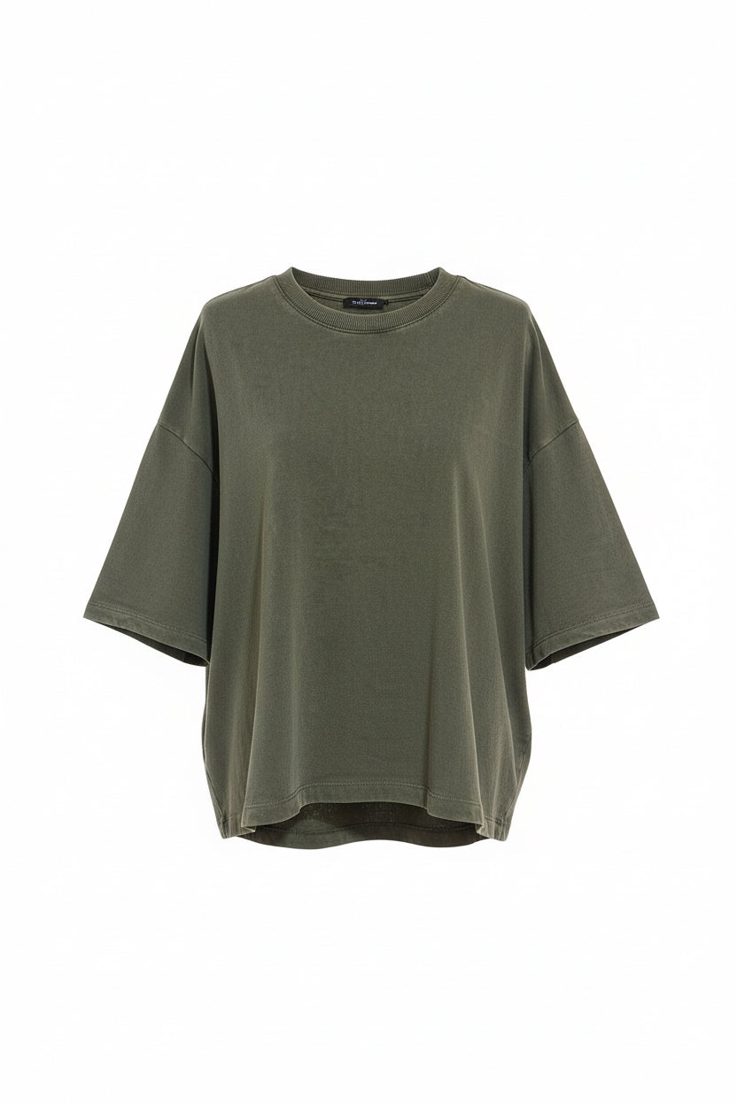 Sweat japonisant manche courte en coton stone washed kaki