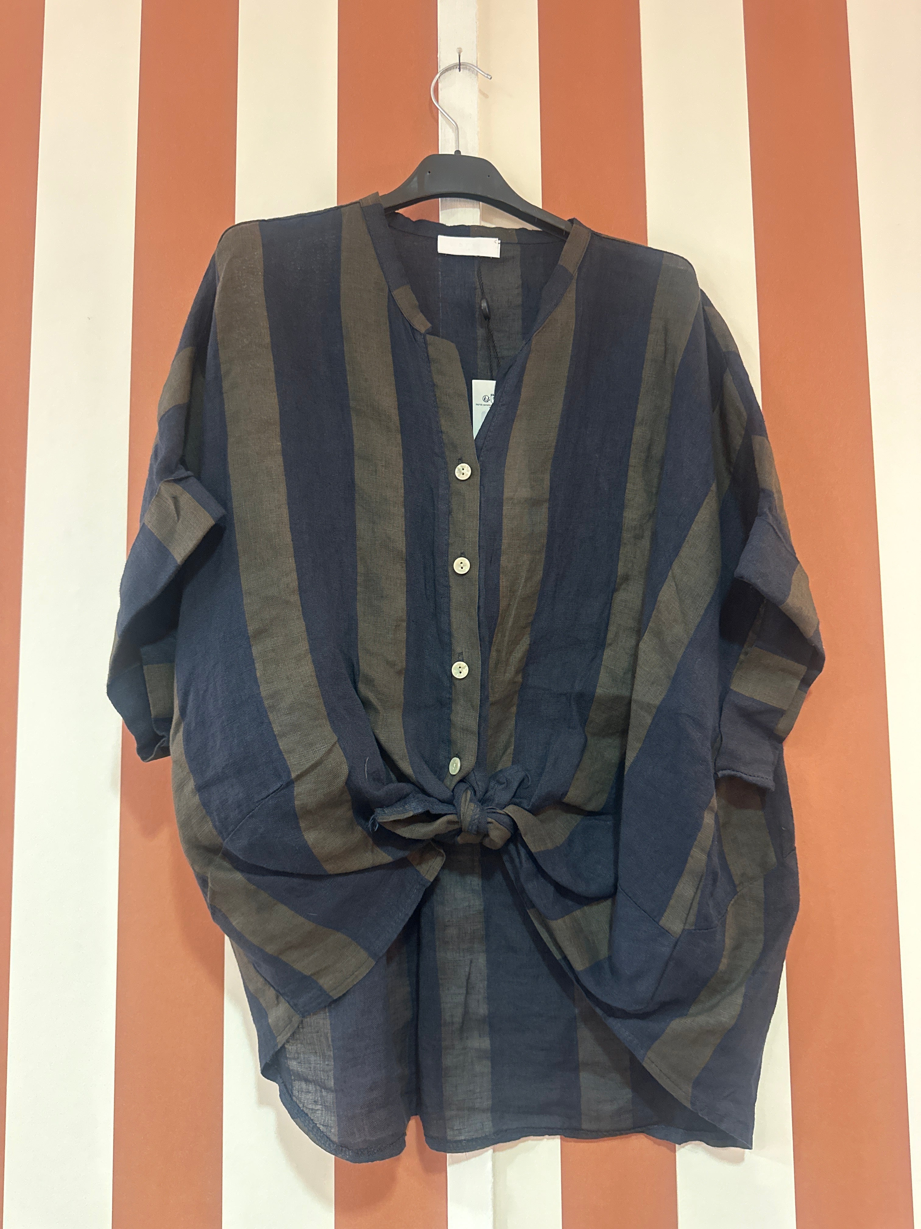 Chemise Sofia en lin rayé bleu nuit / kaki gris