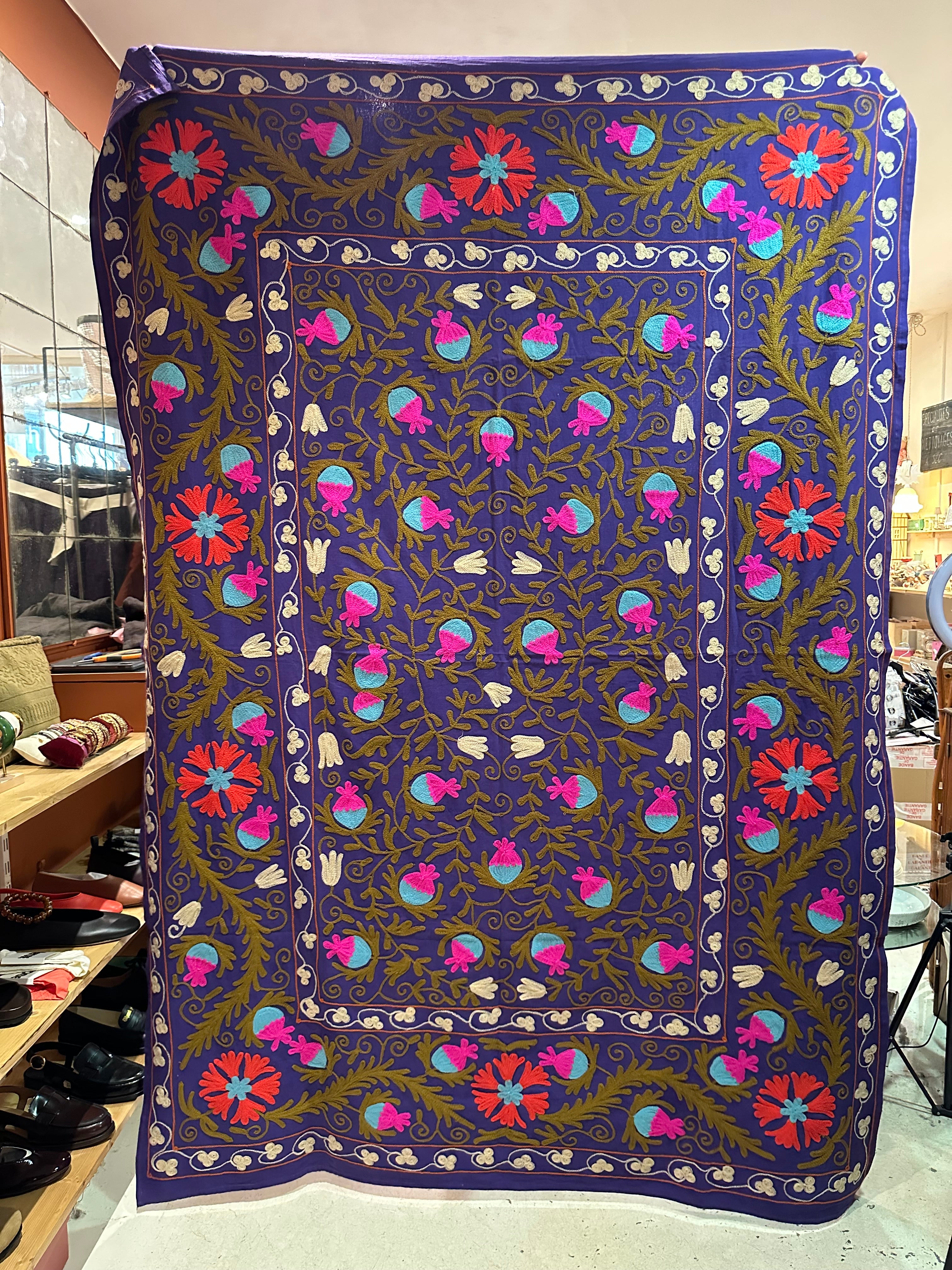 Grand plaid Suzani brodé main coton violet