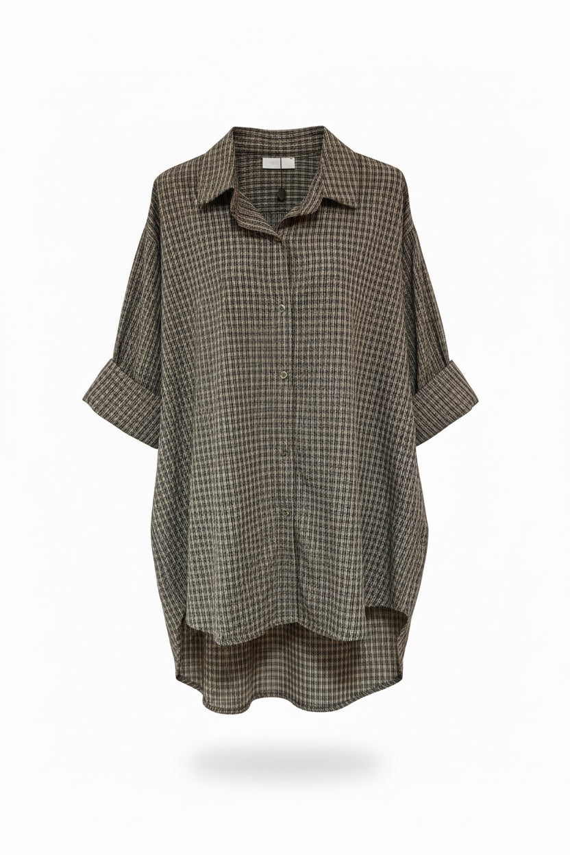 Chemise Athena popeline de coton à carreaux chocolat sur fond crème