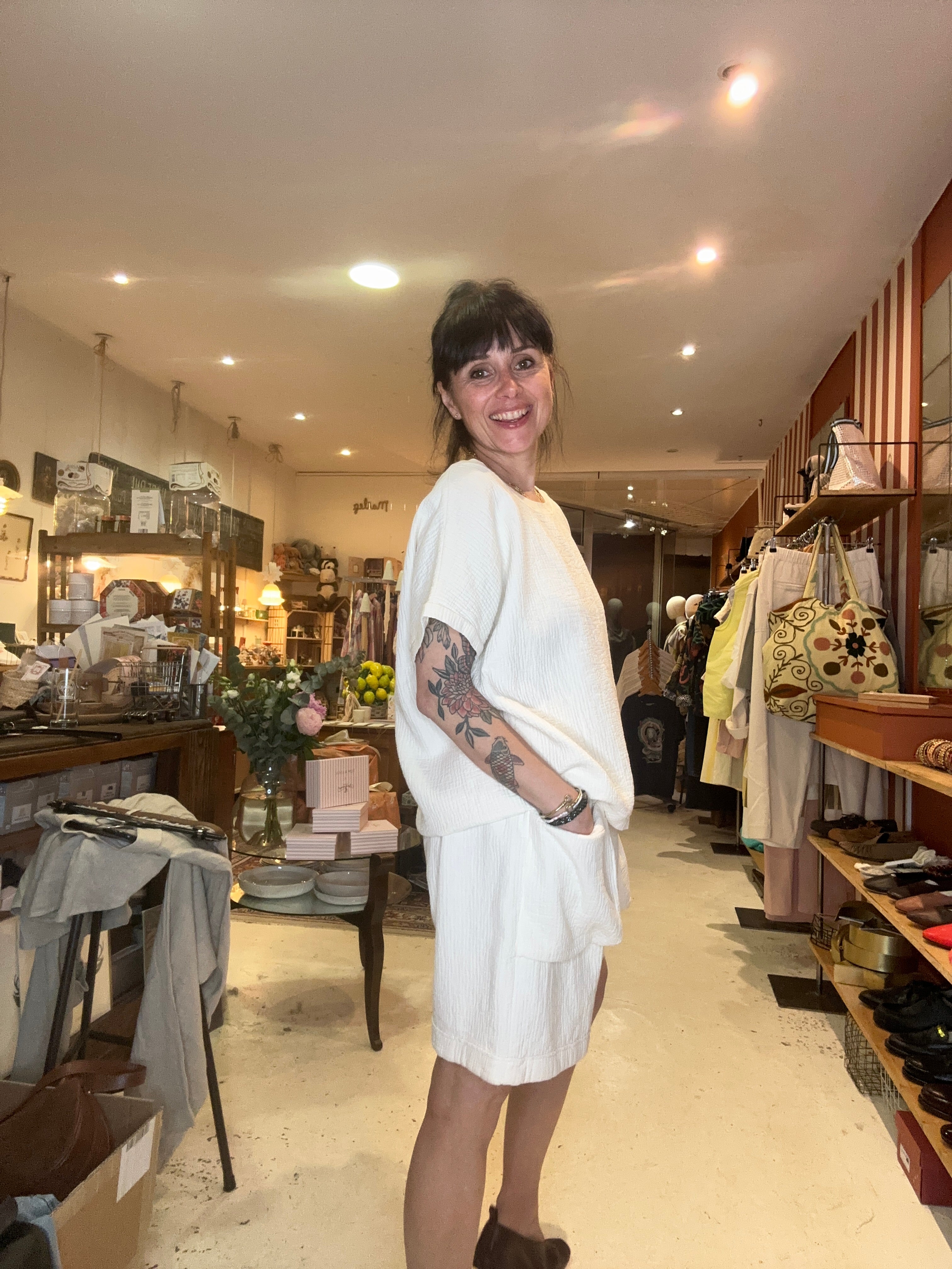 Ensemble sweat et short en jersey gaufré Kelly craie