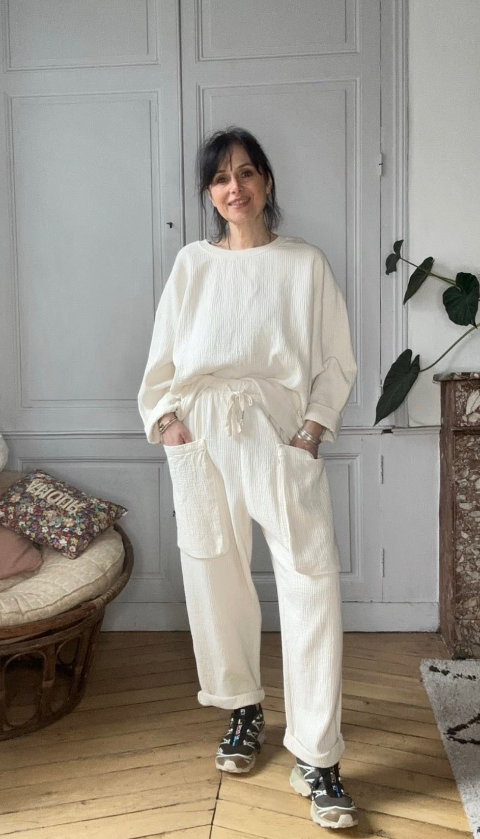 Pantalon jogging Charly en coton gaufré craie stone washed