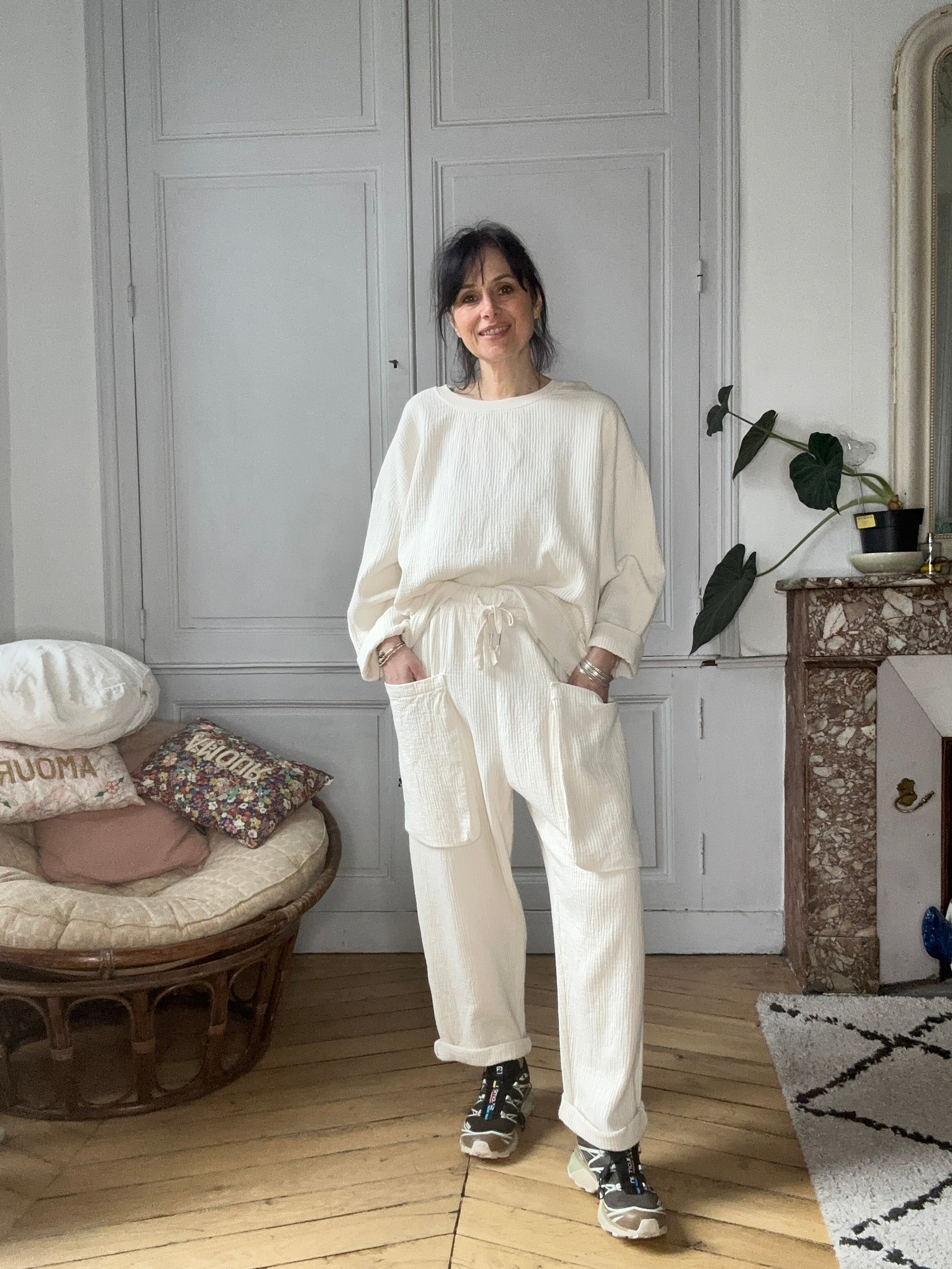 Sweatshirt Charly en coton gaufré craie stone washed