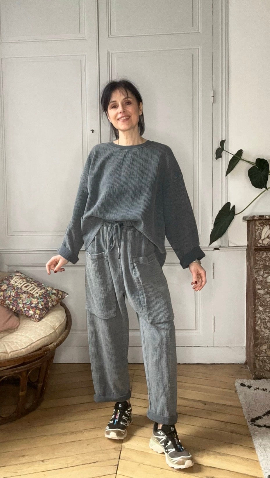 Sweatshirt Charly en coton gaufré gris bleu stone washed