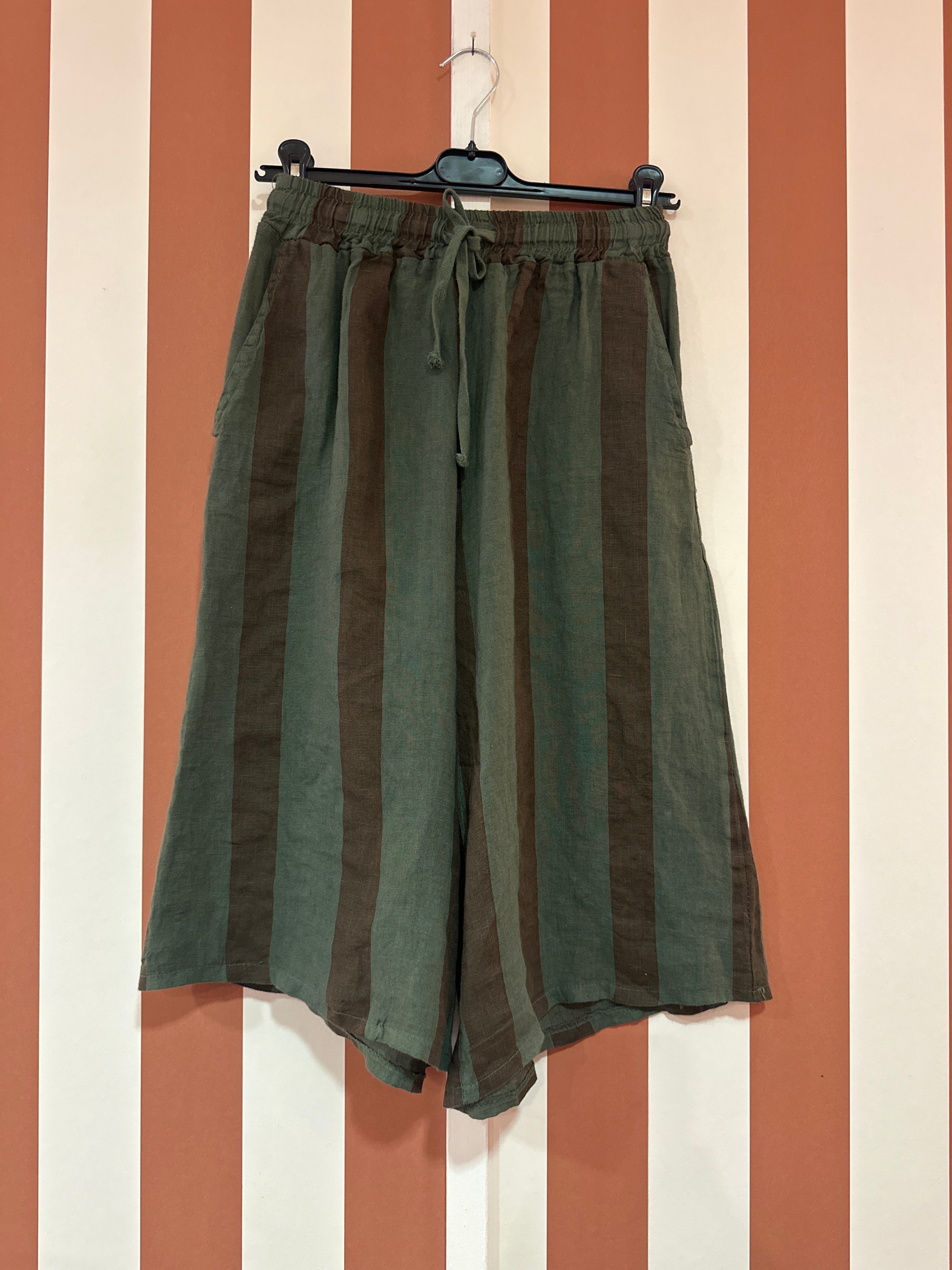 Bermudas Giovanni en toile de lin rayée kaki choco