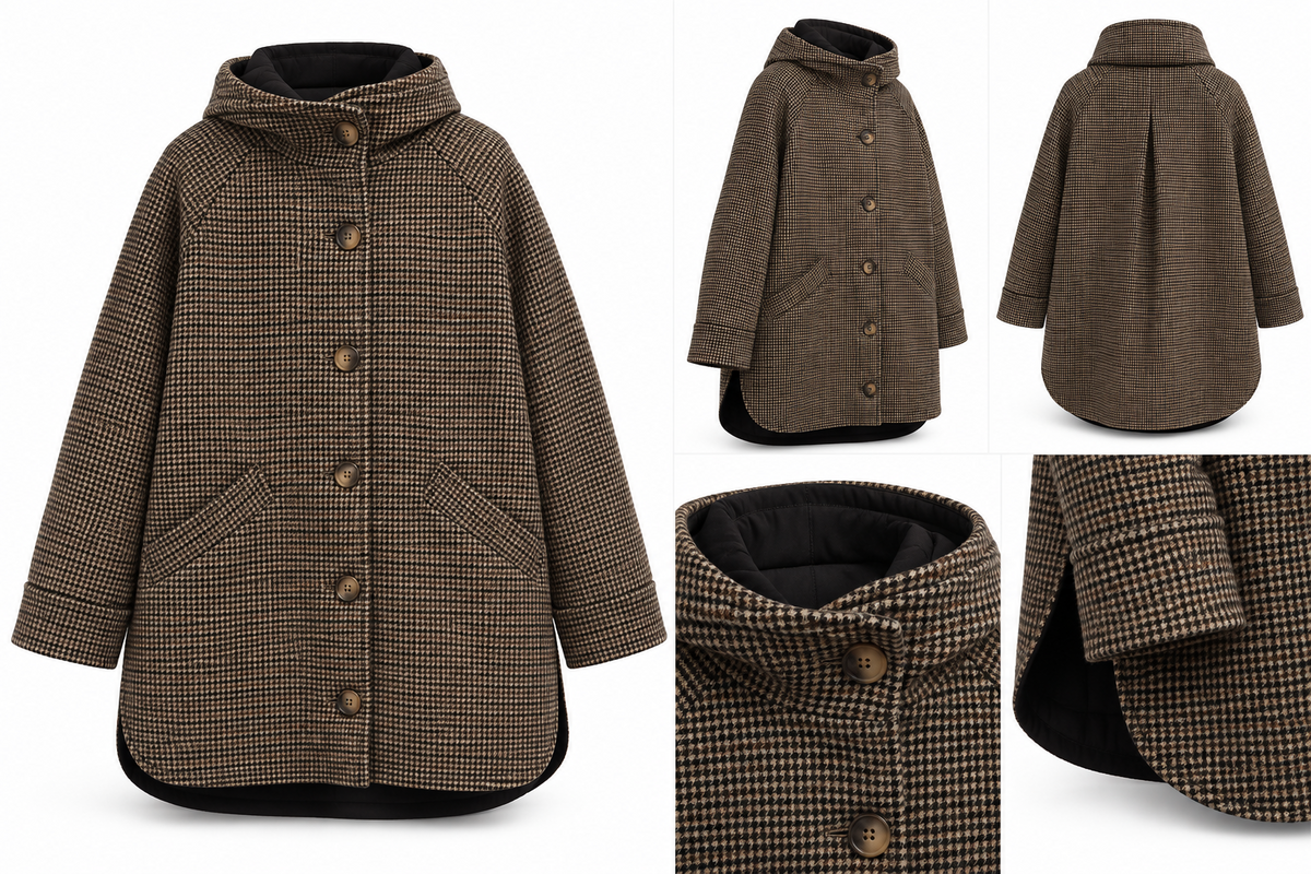 Manteau à capuche en pied de poule