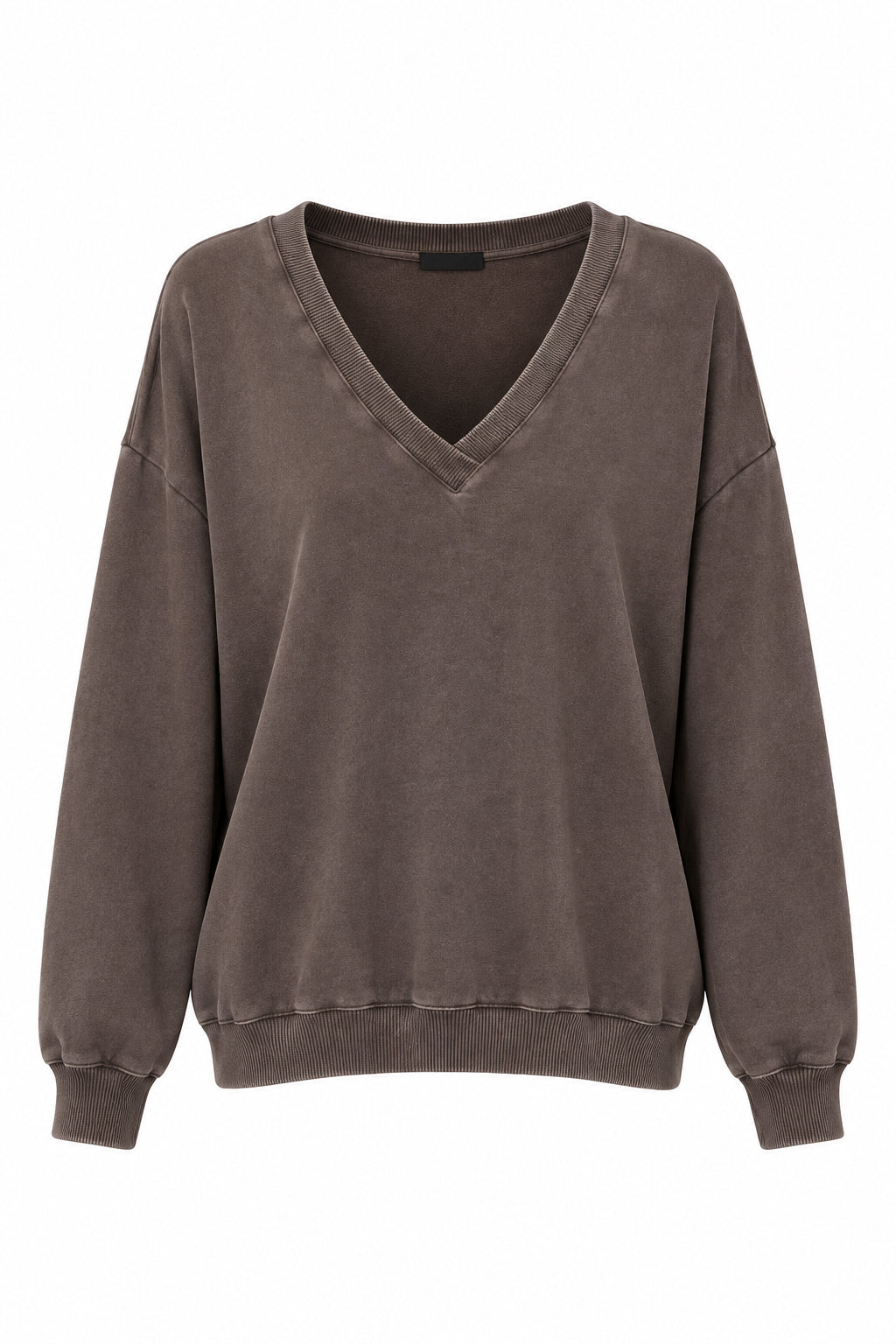 Sweat Col V Alicia en coton stonewashed marron glacé