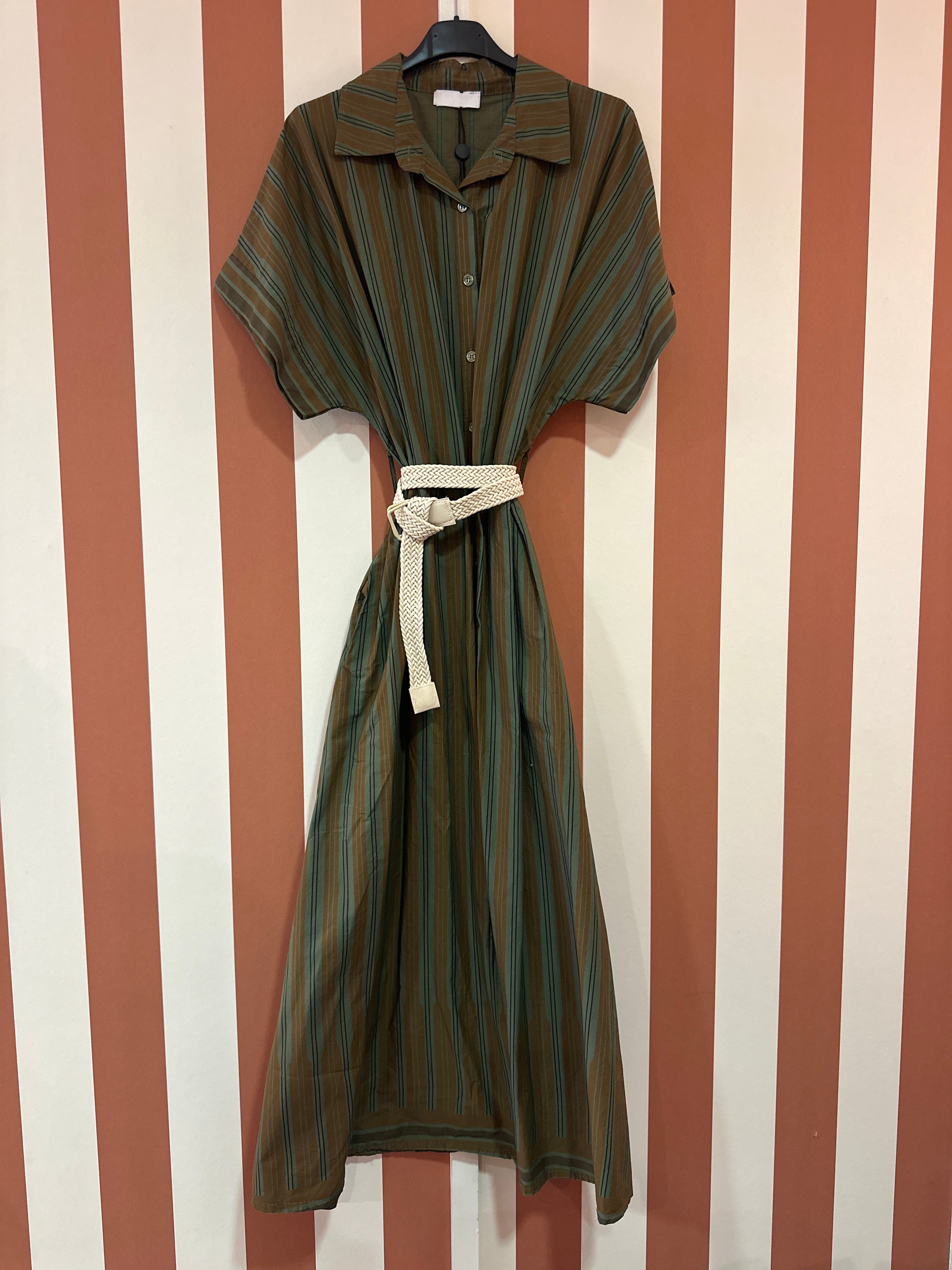 Robe longue chemise à rayures kaki moka