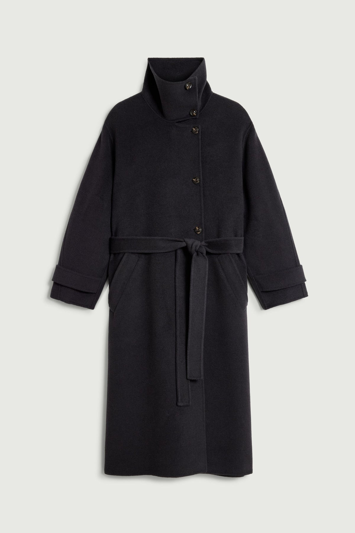 Manteau ceinturé à col haut en cachemire et laine double face Soeur