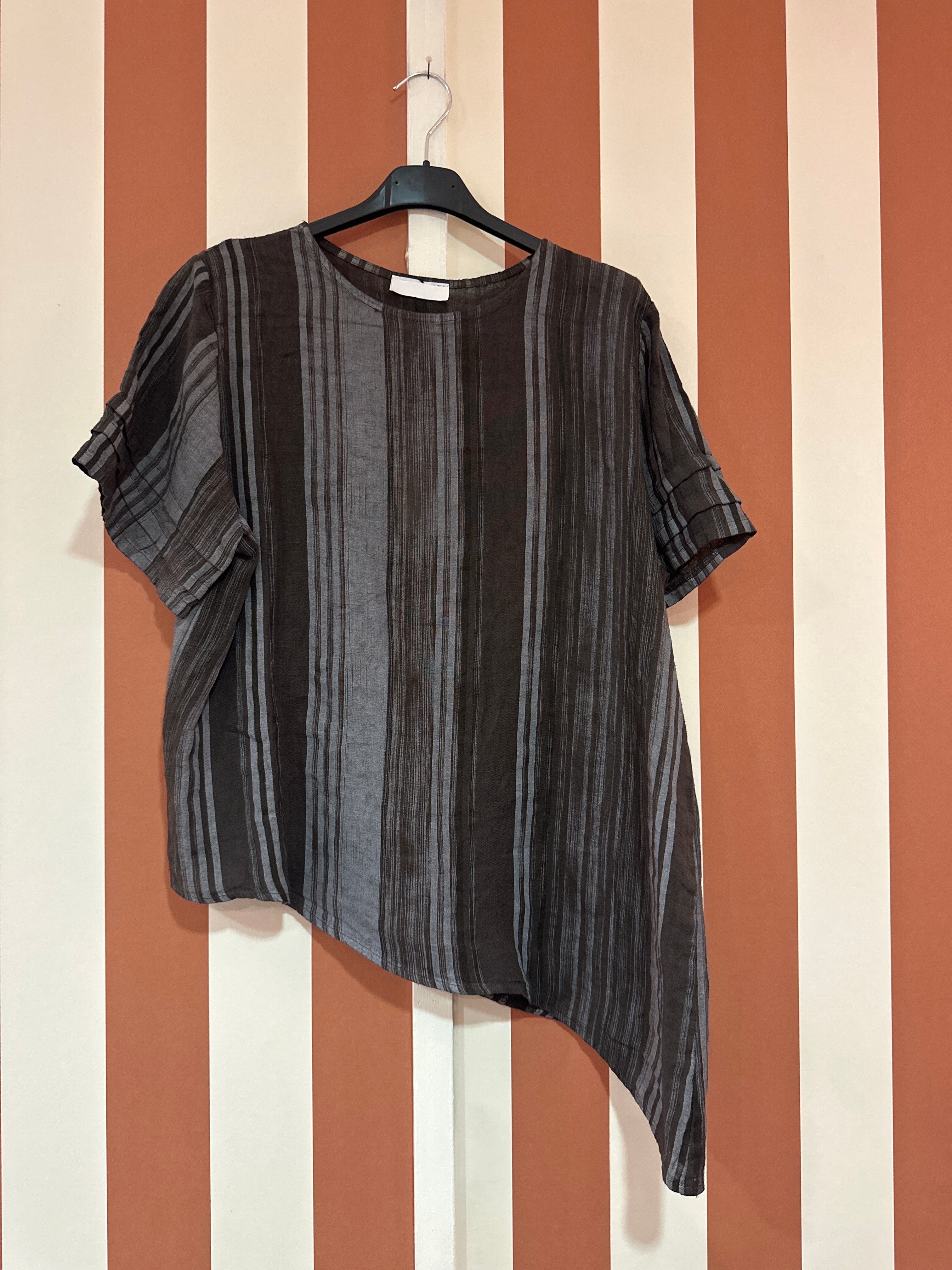 Top Nino en toile de lin rayée chocolat gris