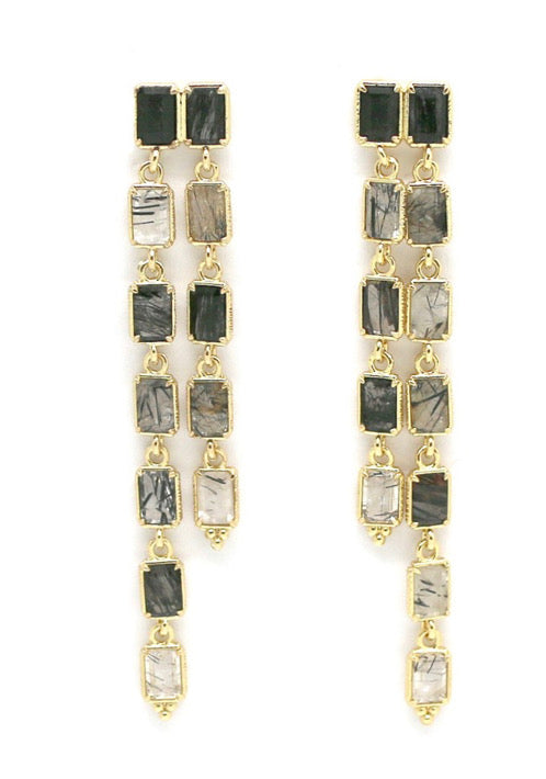 Boucle d’oreilles 2 lignes quartz/tourmaline rectangulaires