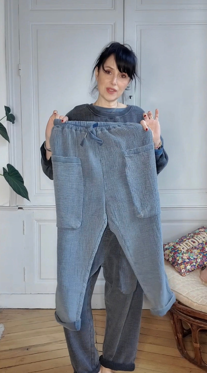 Pantalon jogging Charly en coton gaufré gris bleu stone washed