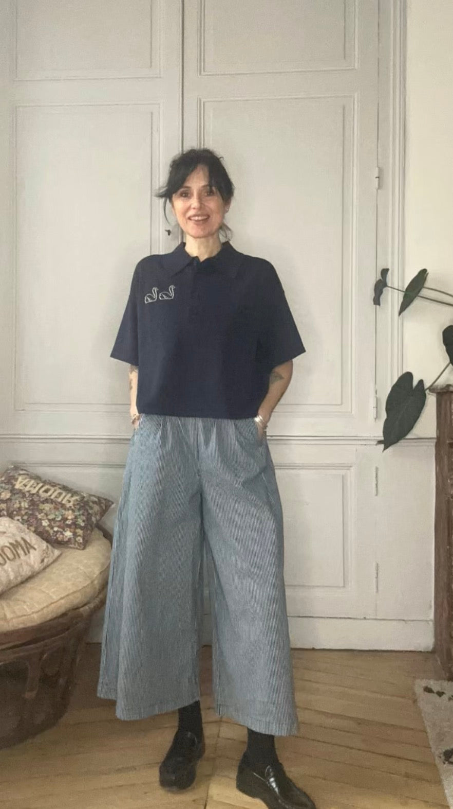 Jupe-culotte en toile de coton rayée